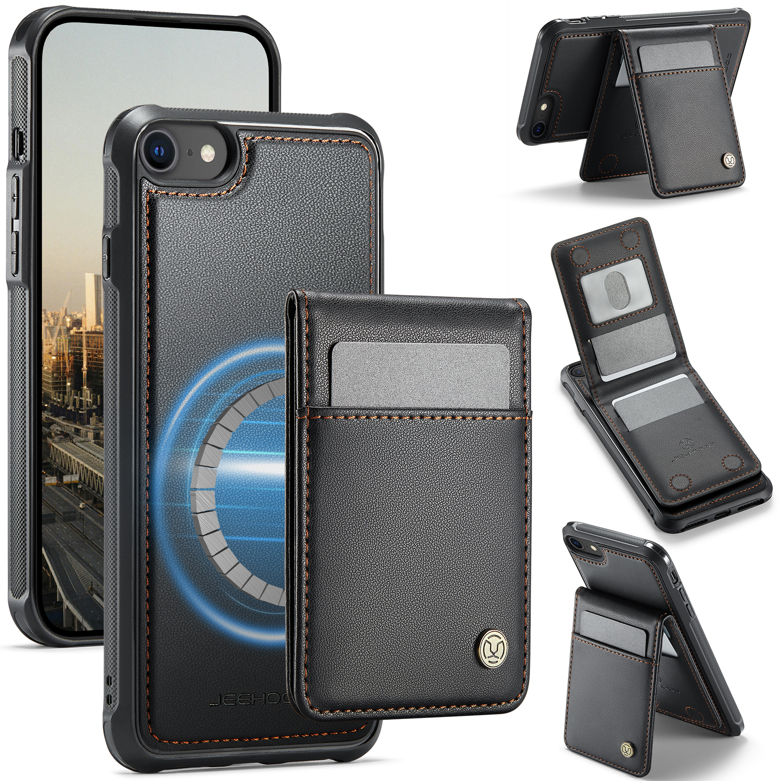 JEEHOOD For iPhone 8 4.7 inch / iPhone SE (2020) / iPhone SE (2022) / iPhone 7 4.7 inch Leather Back Cover Compatible with MagSafe J06 Phone Case with Card Bag RFID Blocking - Black