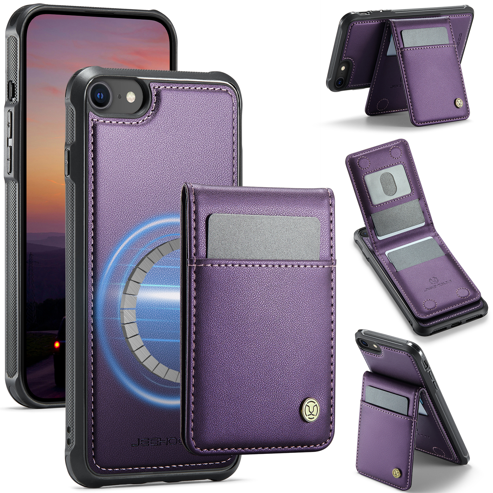 JEEHOOD For iPhone 8 4.7 inch / iPhone SE (2020) / iPhone SE (2022) / iPhone 7 4.7 inch Leather Back Cover Compatible with MagSafe J06 Phone Case with Card Bag RFID Blocking - Purple