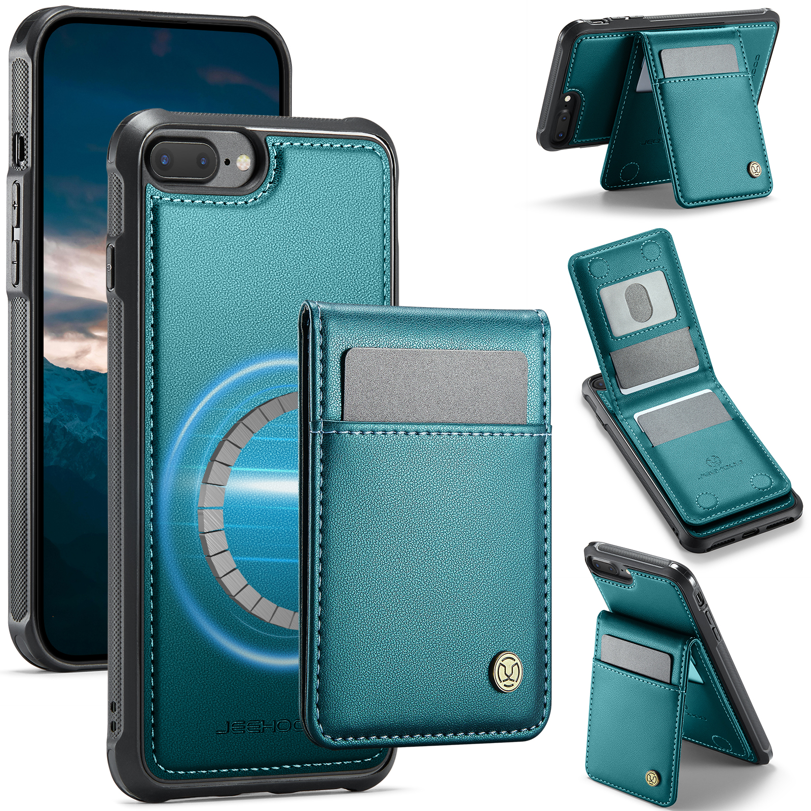 JEEHOOD For iPhone 8 Plus 5.5 inch / iPhone 7 Plus 5.5 inch Leather Back Cover Compatible with MagSafe J06 Phone Case with Card Bag RFID Blocking - Blue