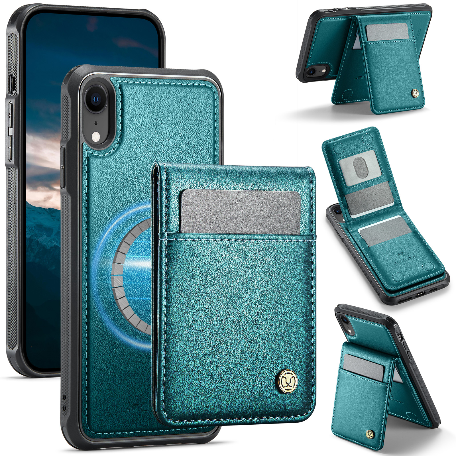 For iPhone XR 6.1 inch Leather Back Cover Compatible with MagSafe JEEHOOD J06 Phone Case with Card Bag RFID Blocking - Blue