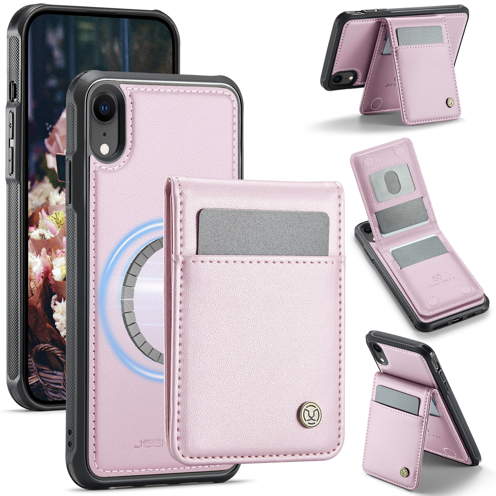 For iPhone XR 6.1 inch Leather Back Cover Compatible with MagSafe JEEHOOD J06 Phone Case with Card Bag RFID Blocking - Pink