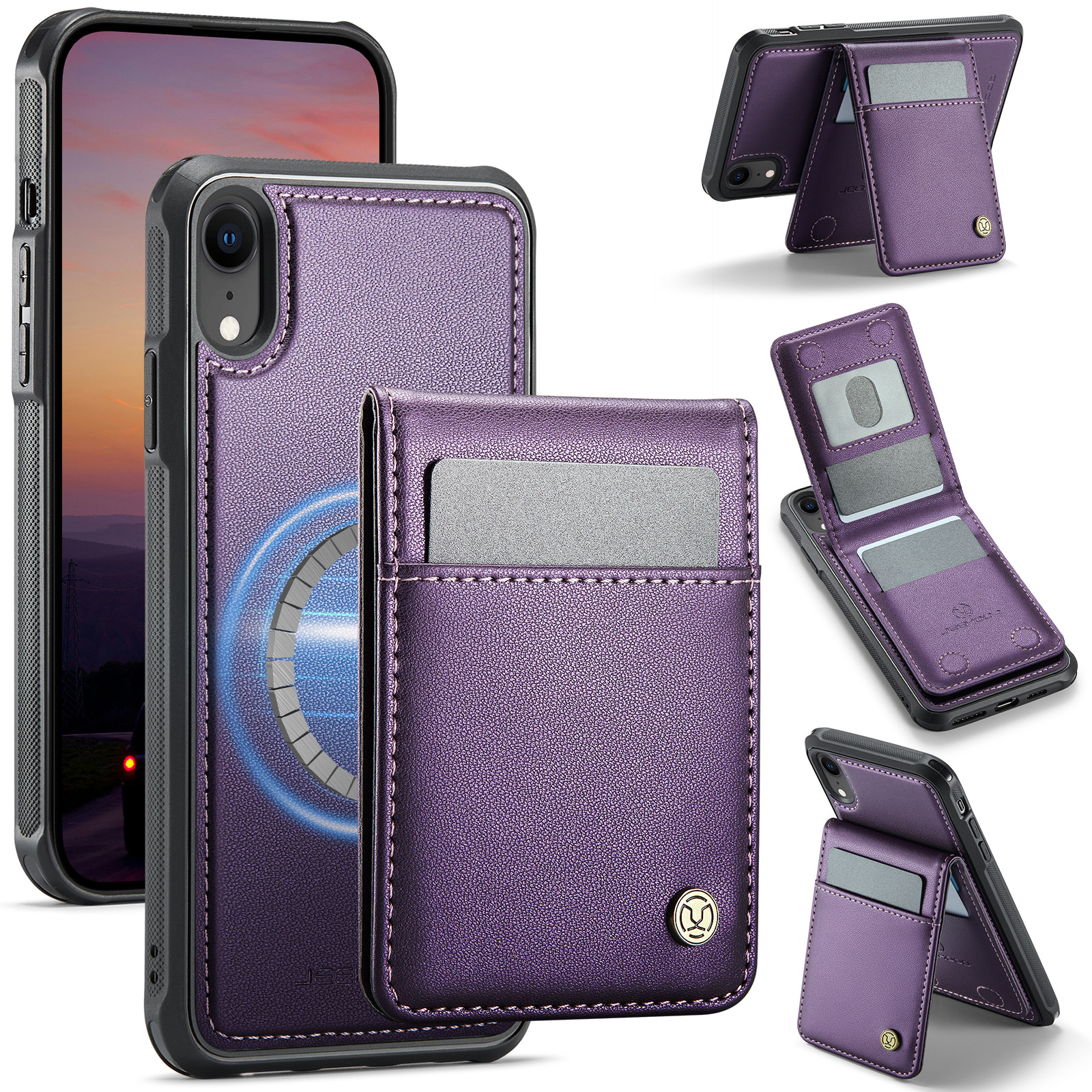 For iPhone XR 6.1 inch Leather Back Cover Compatible with MagSafe JEEHOOD J06 Phone Case with Card Bag RFID Blocking - Purple