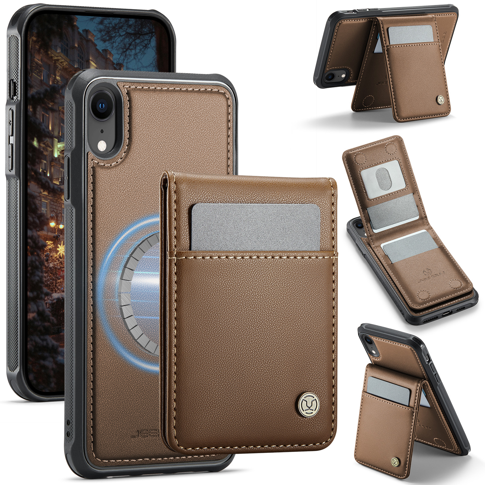 For iPhone XR 6.1 inch Leather Back Cover Compatible with MagSafe JEEHOOD J06 Phone Case with Card Bag RFID Blocking - Brown