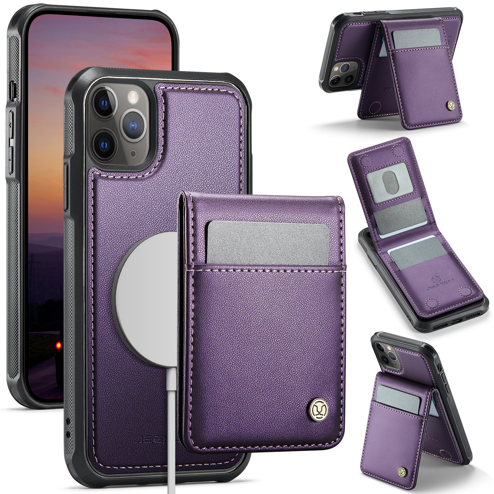 For iPhone 11 Pro Max Leather Back Cover Compatible with MagSafe JEEHOOD J06 Phone Case with Card Bag RFID Blocking - Purple