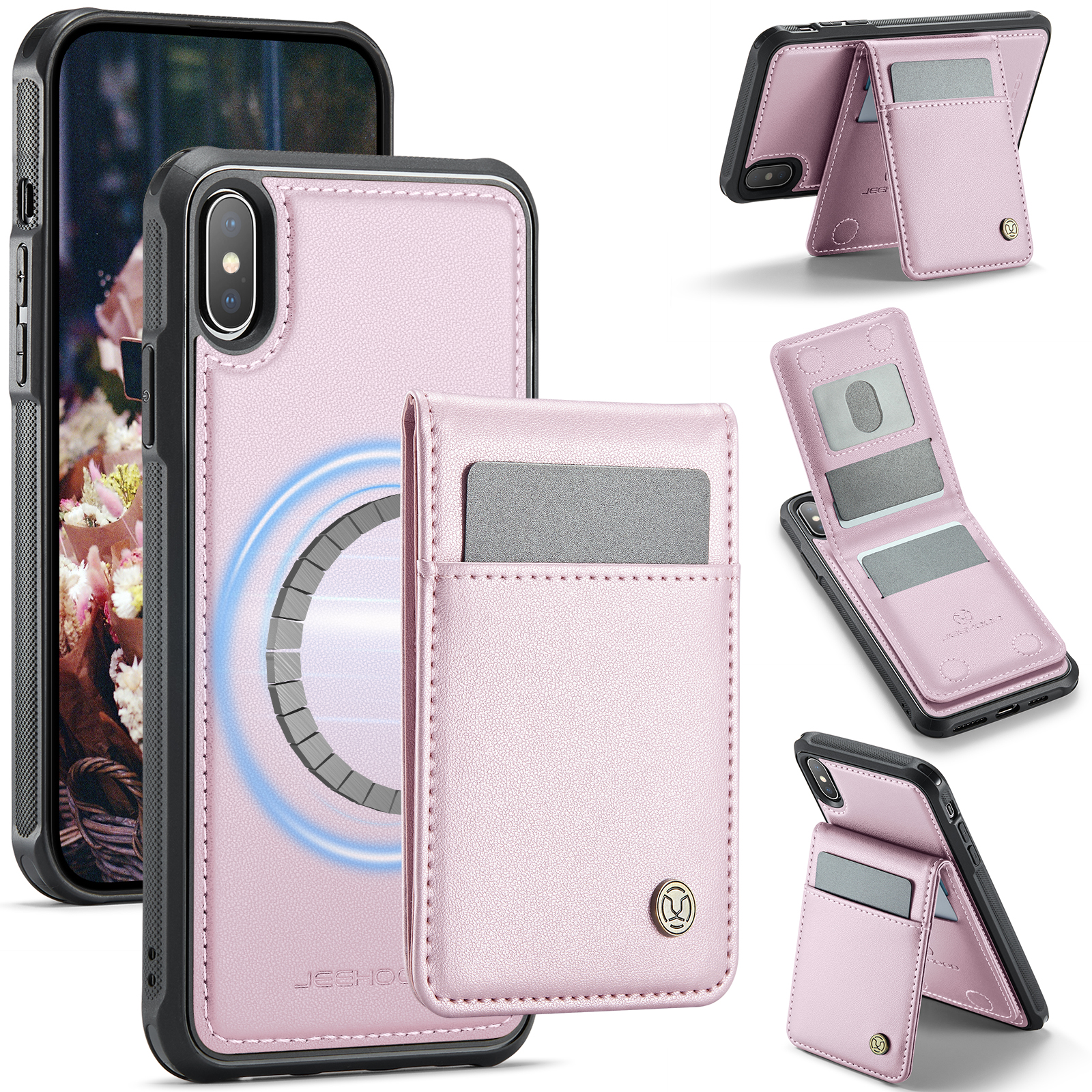 For iPhone XS Max 6.5 inch Leather Back Cover Compatible with MagSafe JEEHOOD J06 Phone Case with Card Bag RFID Blocking - Pink