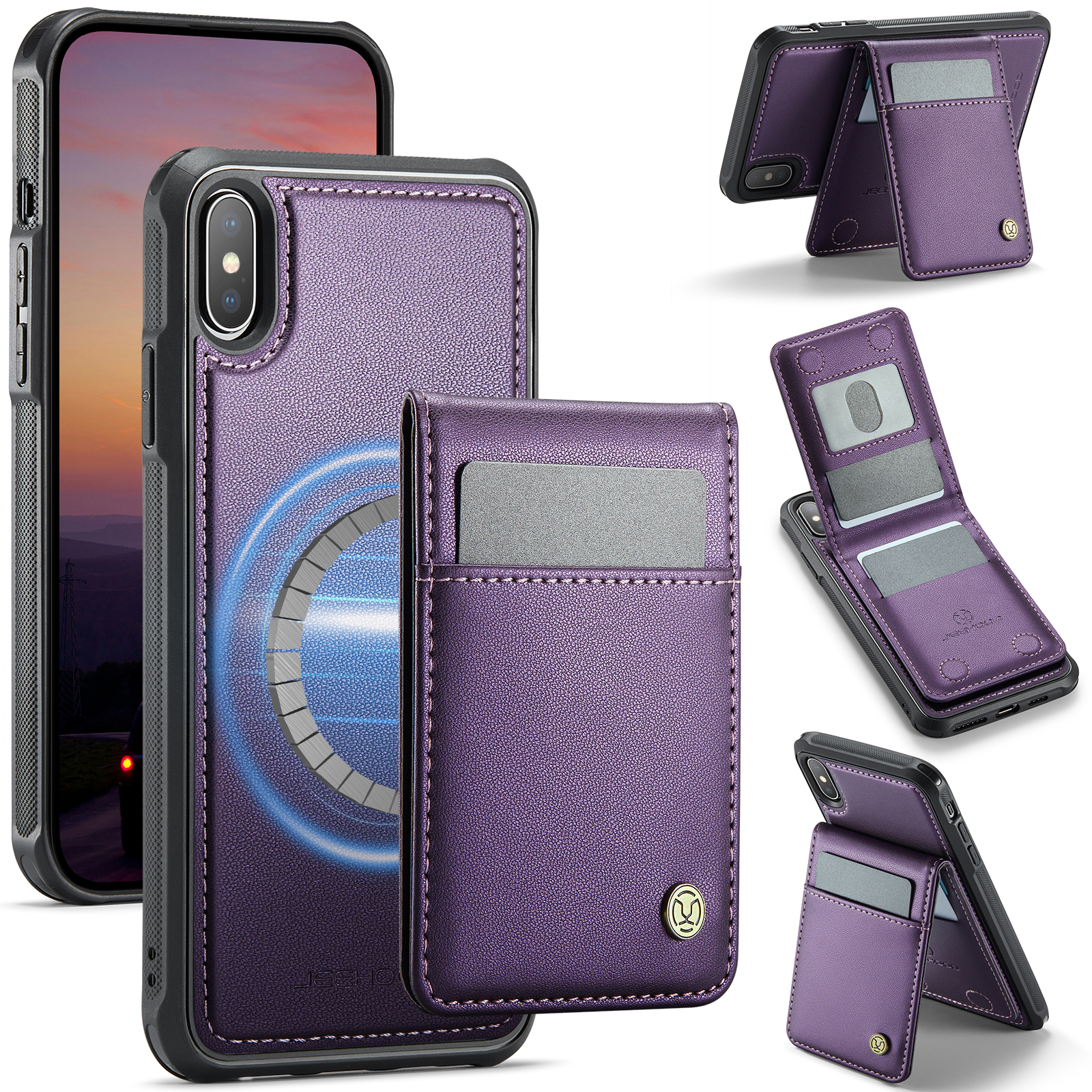 For iPhone XS Max 6.5 inch Leather Back Cover Compatible with MagSafe JEEHOOD J06 Phone Case with Card Bag RFID Blocking - Purple