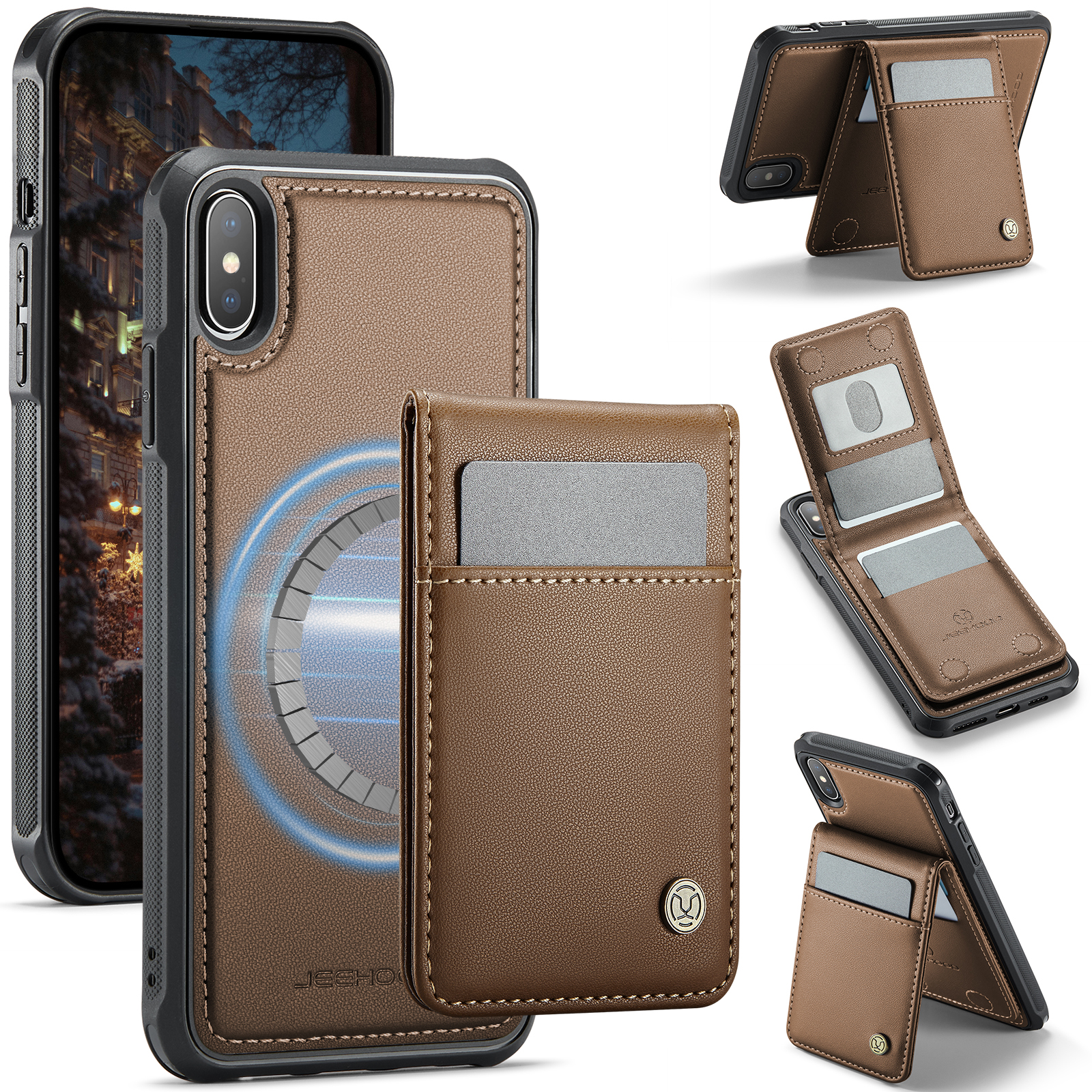 For iPhone XS Max 6.5 inch Leather Back Cover Compatible with MagSafe JEEHOOD J06 Phone Case with Card Bag RFID Blocking - Brown