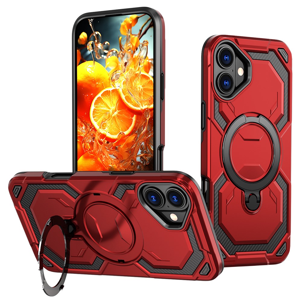 For iPhone 16 Magnetic Case Ring Kickstand PC + TPU Hybrid Phone Cover - Red
