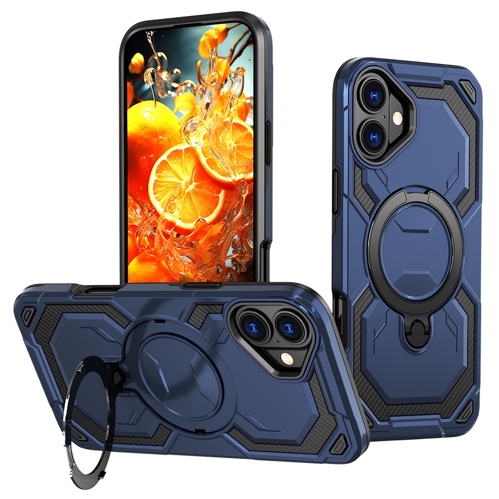 For iPhone 16 Magnetic Case Ring Kickstand PC + TPU Hybrid Phone Cover - Blue