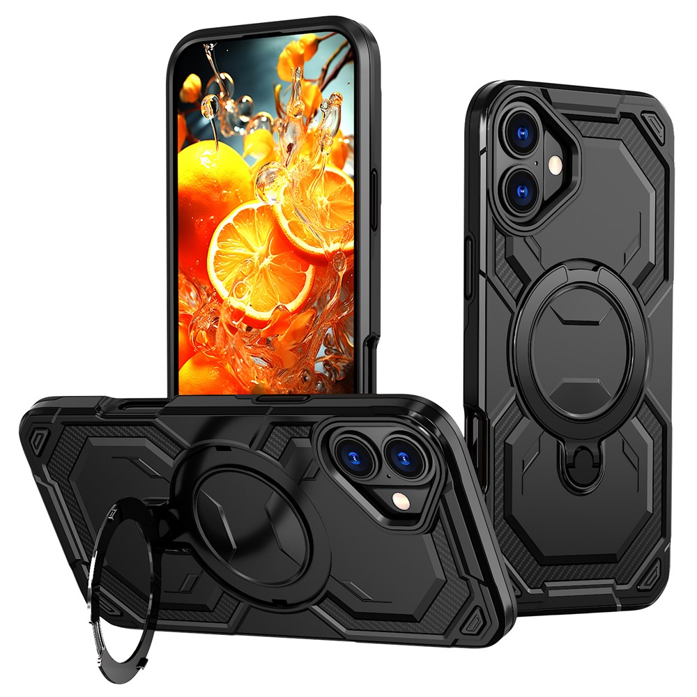 For iPhone 16 Plus Magnetic Case Ring Kickstand PC + TPU Hybrid Phone Cover - Black