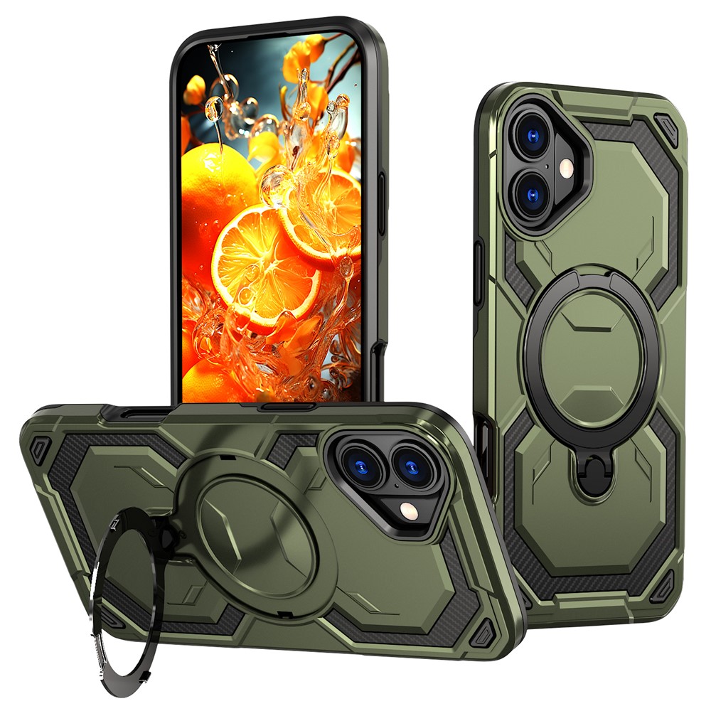 For iPhone 16 Plus Magnetic Case Ring Kickstand PC + TPU Hybrid Phone Cover - Green