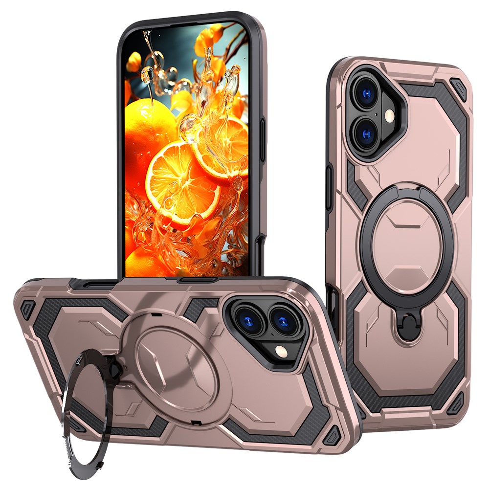For iPhone 16 Plus Magnetic Case Ring Kickstand PC + TPU Hybrid Phone Cover - Rose Gold