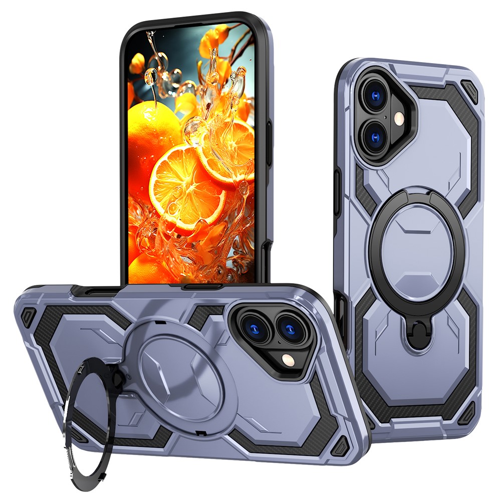 For iPhone 16 Plus Magnetic Case Ring Kickstand PC + TPU Hybrid Phone Cover - Baby Blue