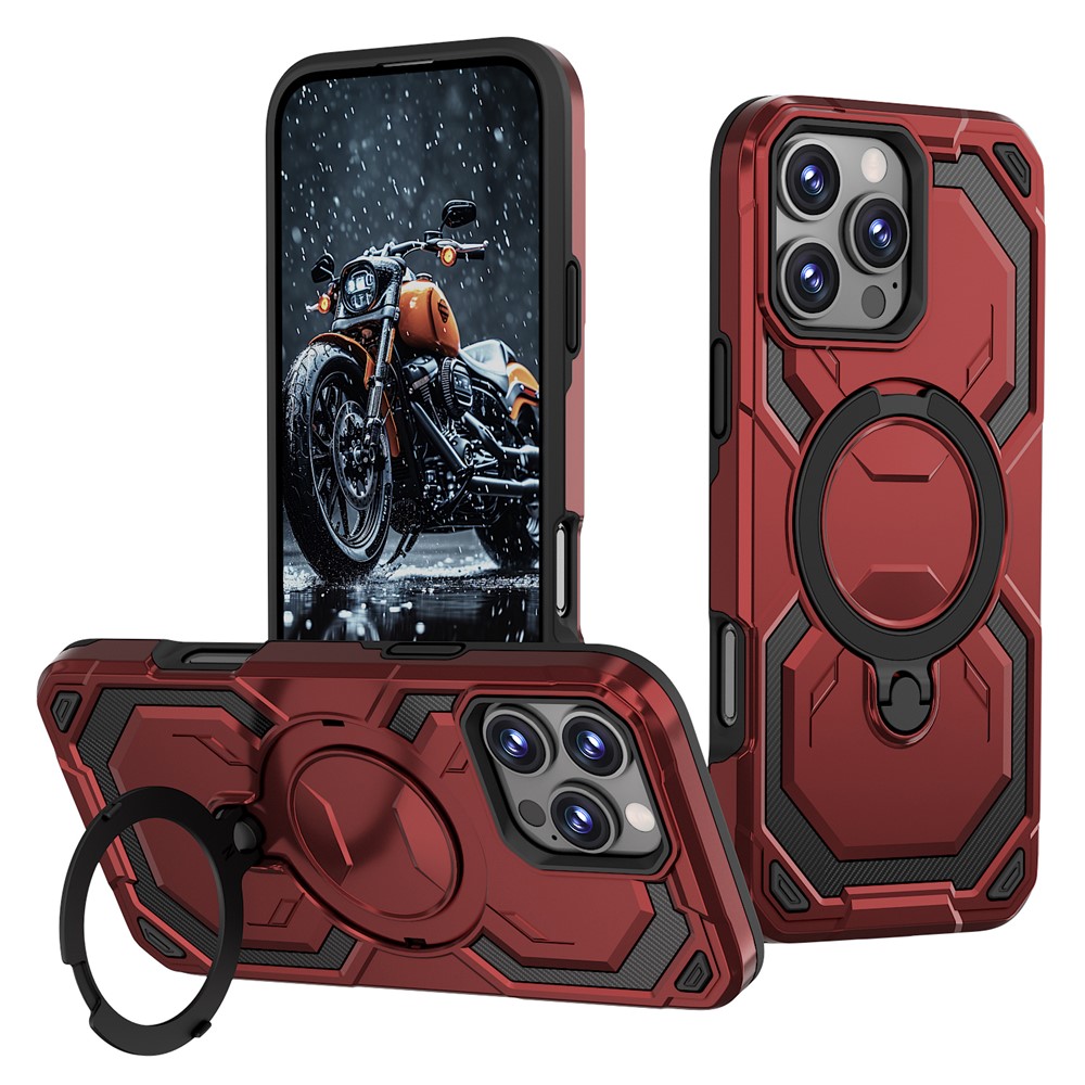 For iPhone 16 Pro Magnetic Case Ring Kickstand PC + TPU Hybrid Phone Cover - Red