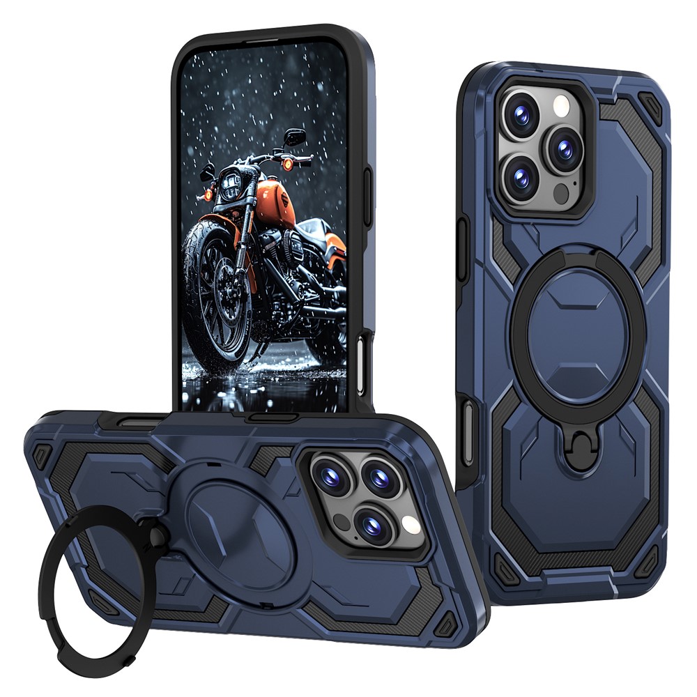 For iPhone 16 Pro Magnetic Case Ring Kickstand PC + TPU Hybrid Phone Cover - Blue