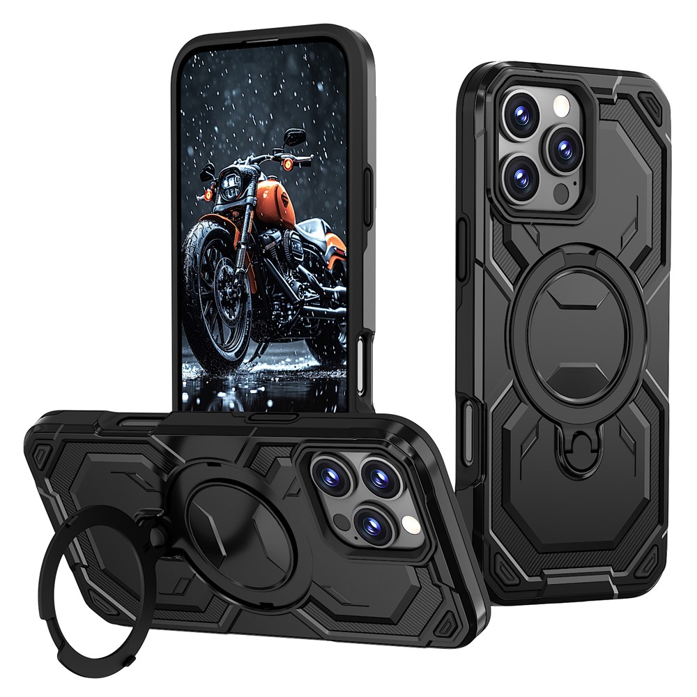 For iPhone 16 Pro Max Magnetic Case Ring Kickstand PC + TPU Hybrid Phone Cover - Black