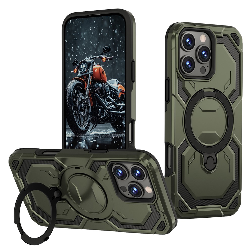 For iPhone 16 Pro Max Magnetic Case Ring Kickstand PC + TPU Hybrid Phone Cover - Green