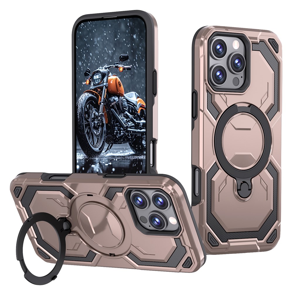 For iPhone 16 Pro Max Magnetic Case Ring Kickstand PC + TPU Hybrid Phone Cover - Rose Gold