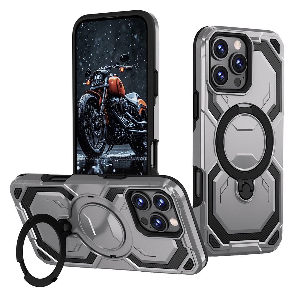 For iPhone 16 Pro Max Magnetic Case Ring Kickstand PC + TPU Hybrid Phone Cover - Grey