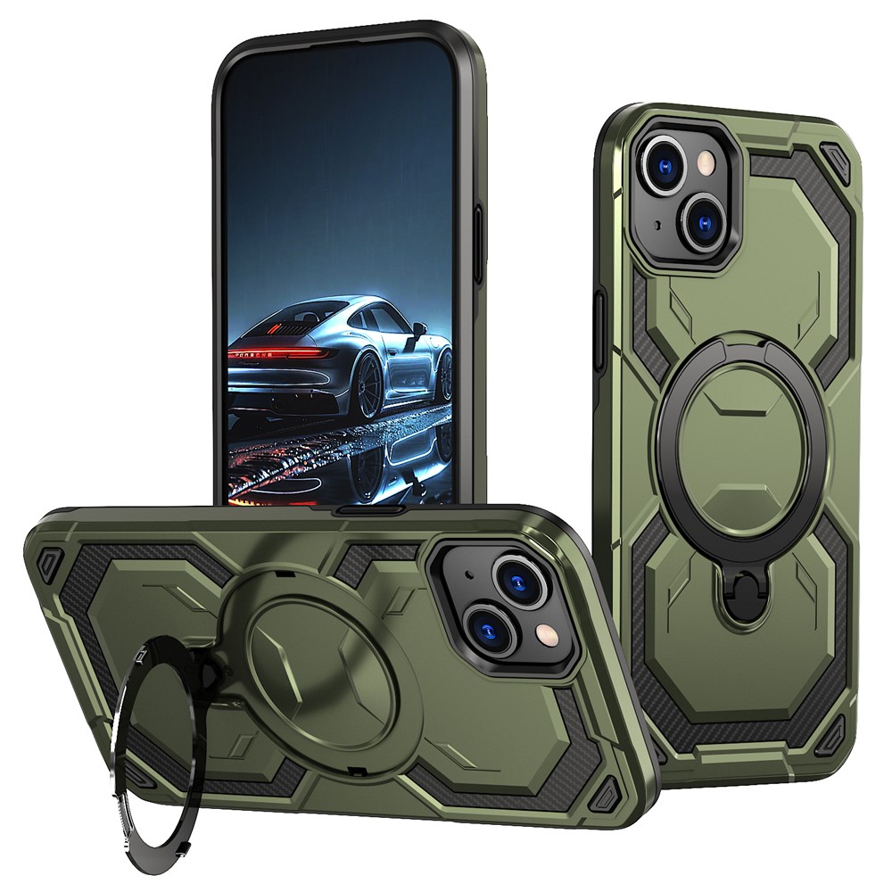 For iPhone 15 Magnetic Case Ring Kickstand PC + TPU Hybrid Phone Cover - Green