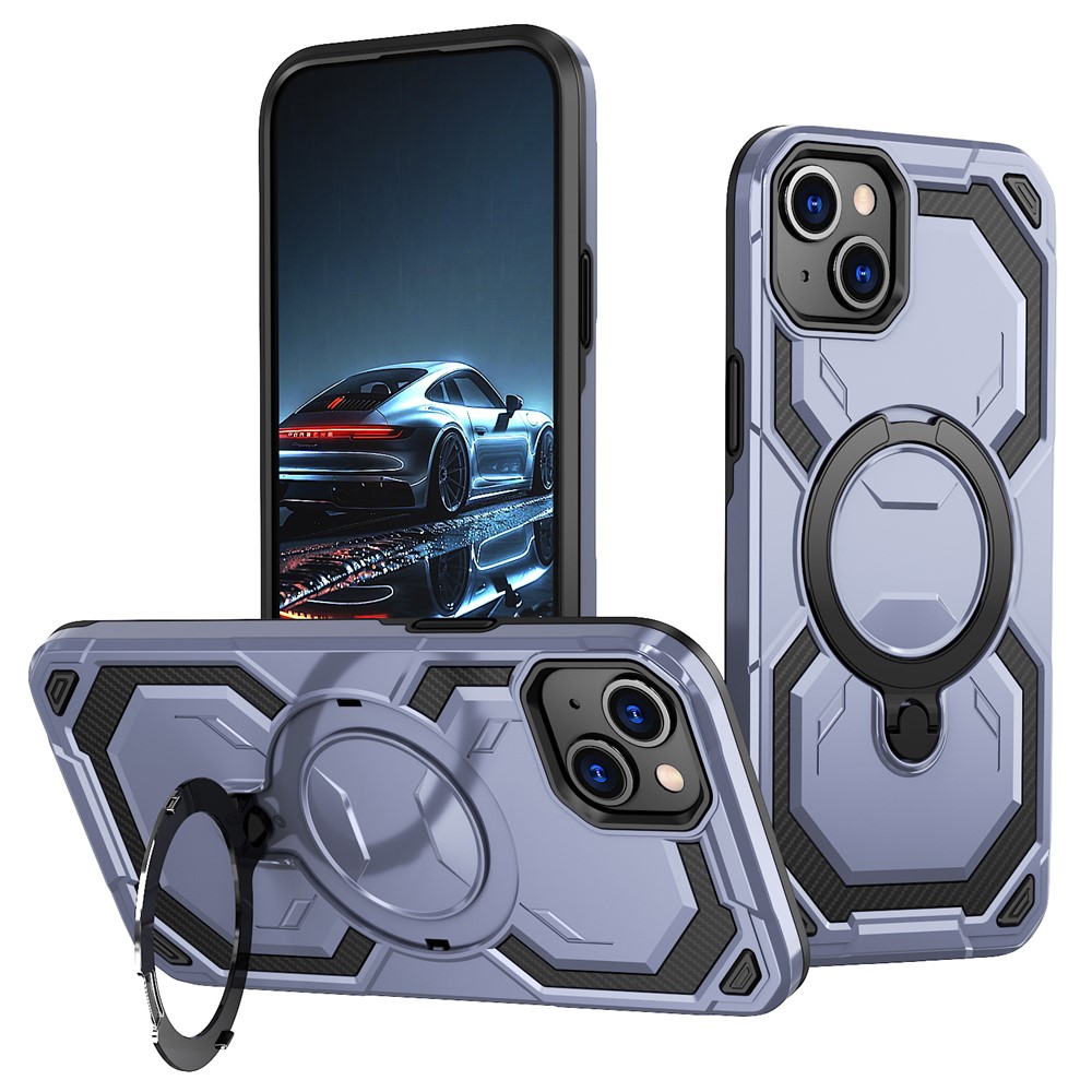 For iPhone 15 Magnetic Case Ring Kickstand PC + TPU Hybrid Phone Cover - Baby Blue