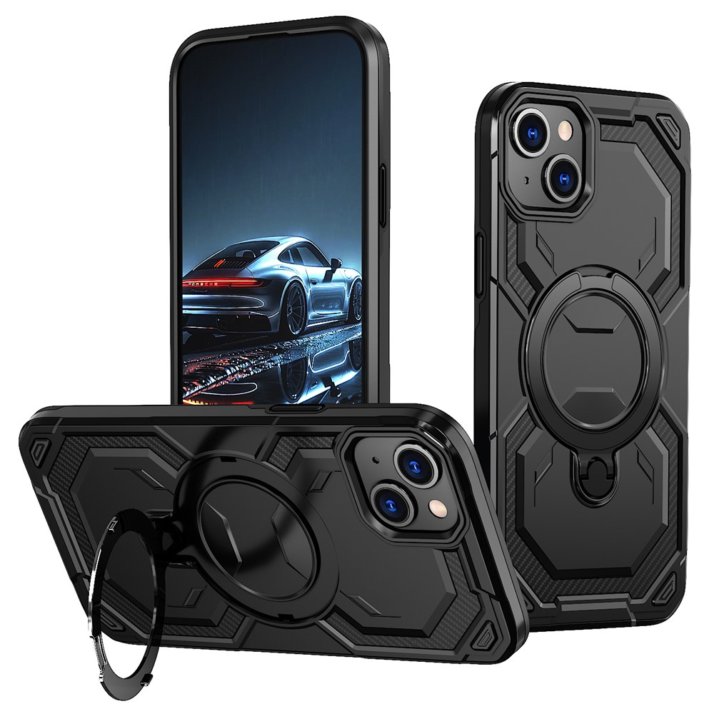 For iPhone 14 Magnetic Case Ring Kickstand PC + TPU Hybrid Phone Cover - Black
