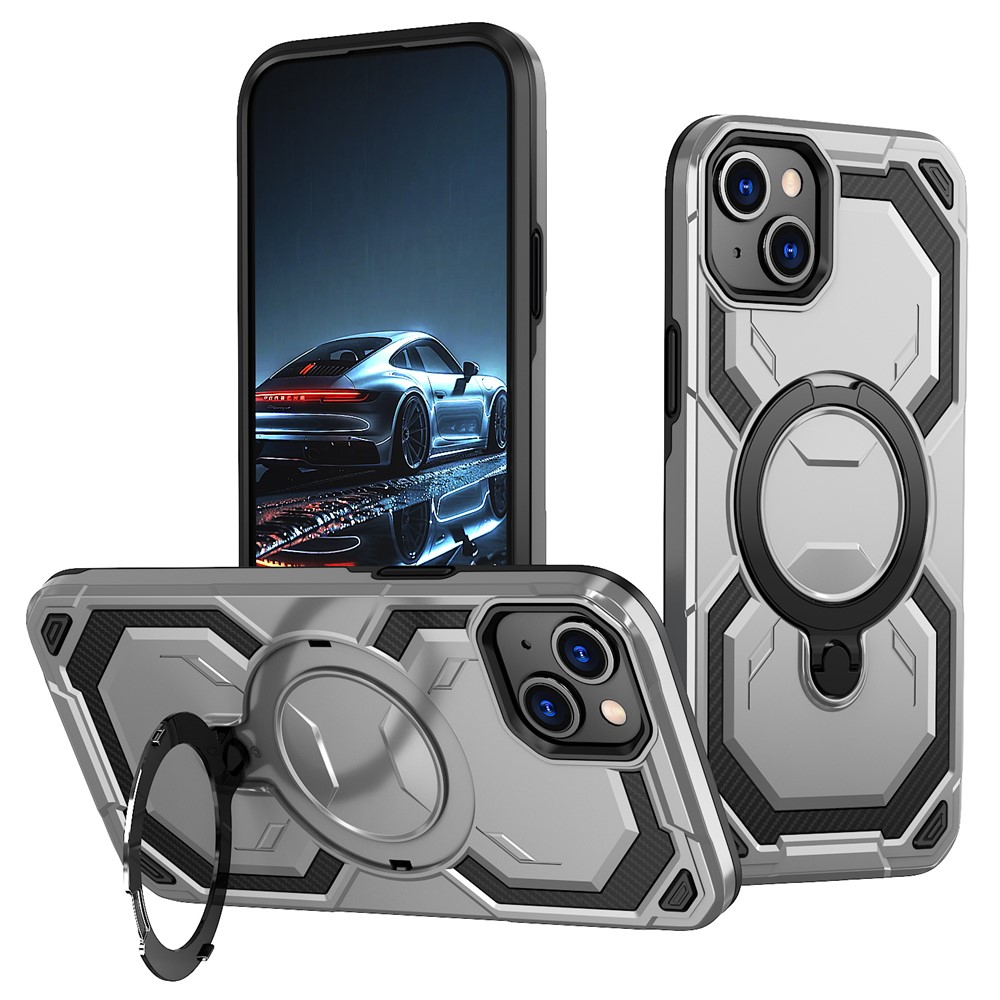 For iPhone 14 Magnetic Case Ring Kickstand PC + TPU Hybrid Phone Cover - Grey