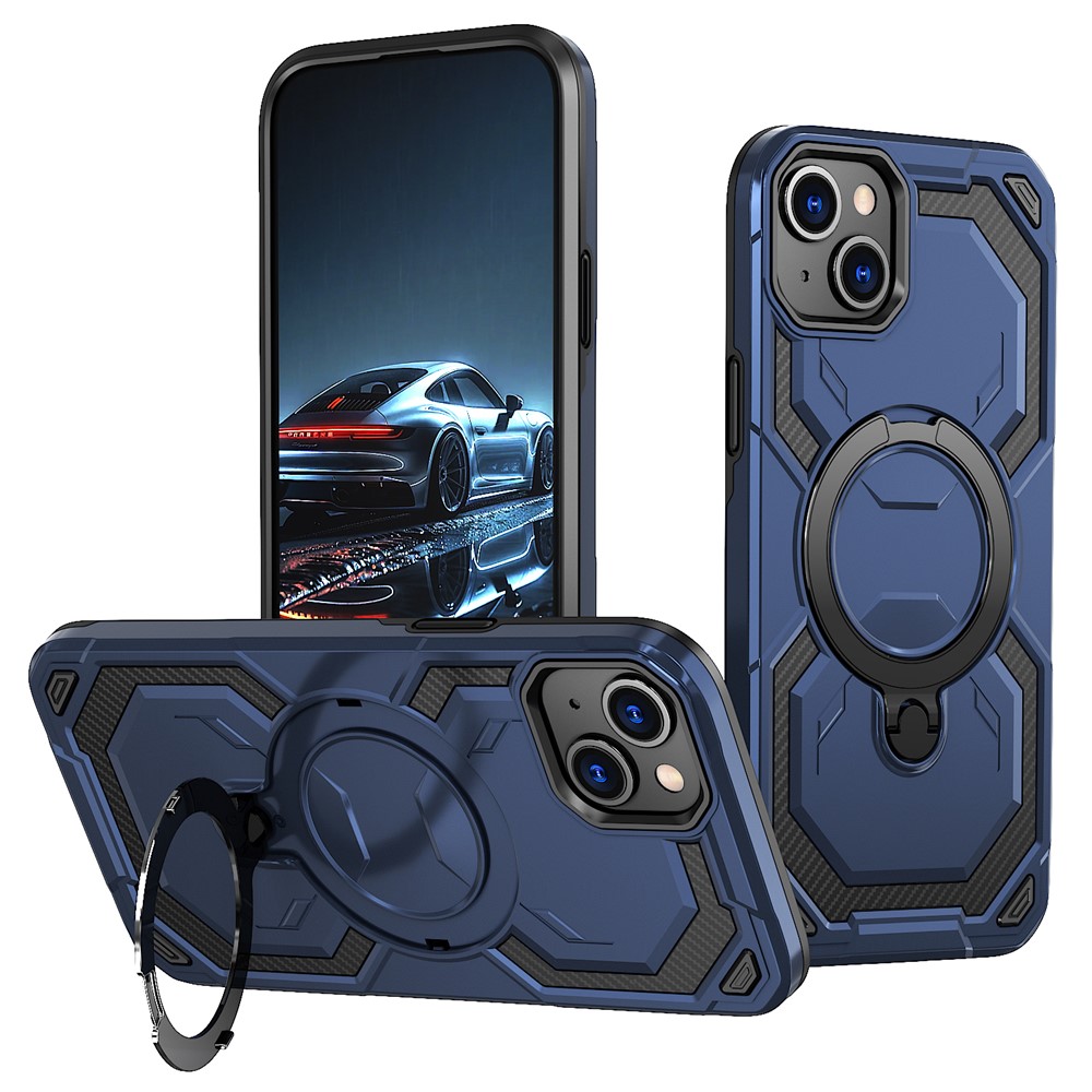 For iPhone 14 Magnetic Case Ring Kickstand PC + TPU Hybrid Phone Cover - Blue