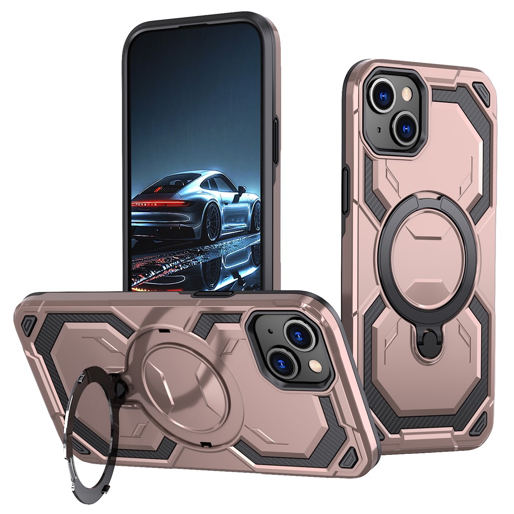 For iPhone 14 Magnetic Case Ring Kickstand PC + TPU Hybrid Phone Cover - Rose Gold