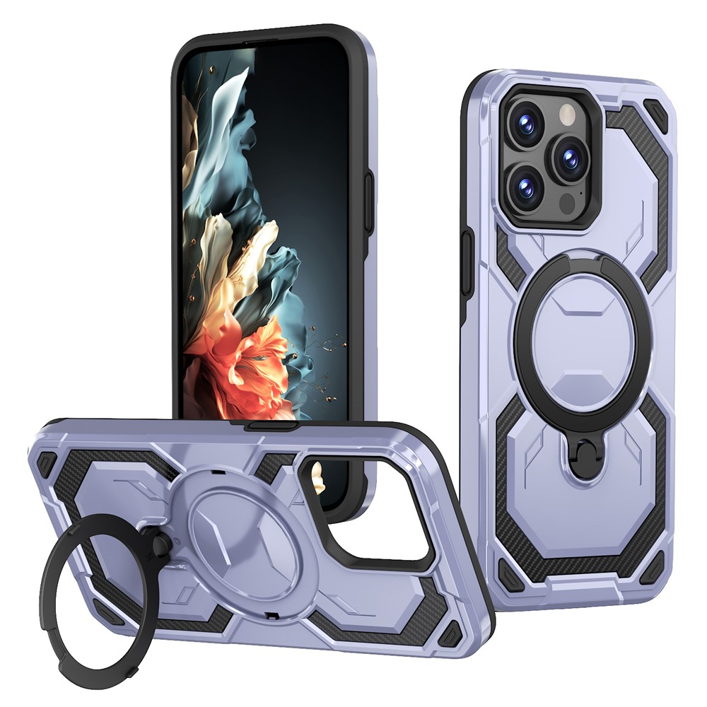 For iPhone 14 Pro Max Magnetic Case Ring Kickstand PC + TPU Hybrid Phone Cover - Baby Blue