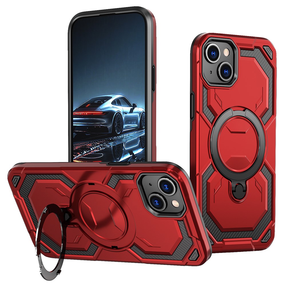 For iPhone 13 Magnetic Case Ring Kickstand PC + TPU Hybrid Phone Cover - Red