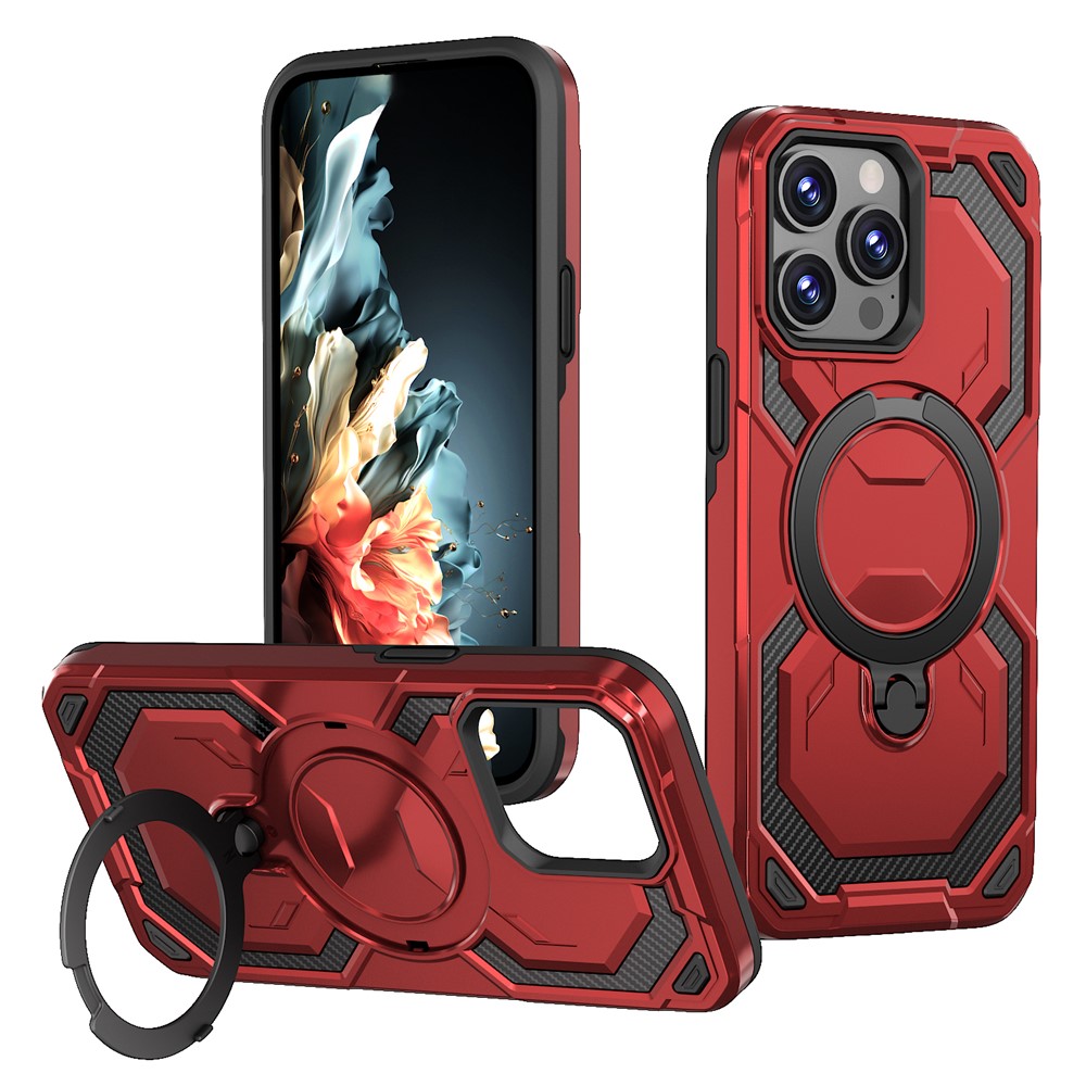 For iPhone 13 Pro Max Magnetic Case Ring Kickstand PC + TPU Hybrid Phone Cover - Red