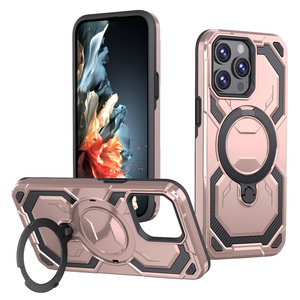 For iPhone 13 Pro Max Magnetic Case Ring Kickstand PC + TPU Hybrid Phone Cover - Rose Gold