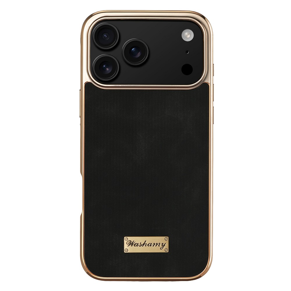 For iPhone 17 Pro Max Case Compatible with MagSafe Electroplating Frame PU Leather PC TPU Phone Cover - Black