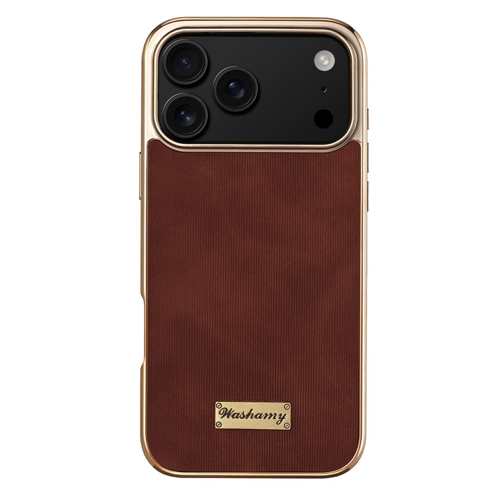 For iPhone 17 Pro Max Case Compatible with MagSafe Electroplating Frame PU Leather PC TPU Phone Cover - Brown