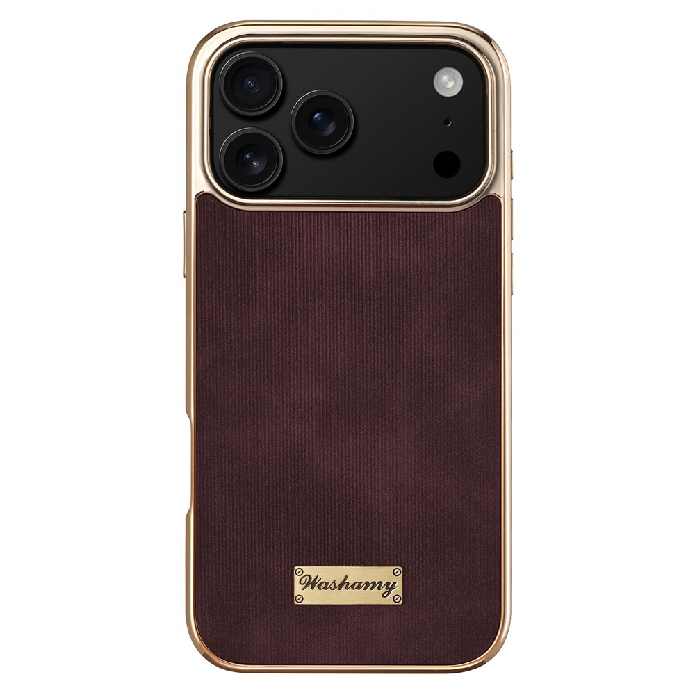 For iPhone 17 Pro Max Case Compatible with MagSafe Electroplating Frame PU Leather PC TPU Phone Cover - Wine Red