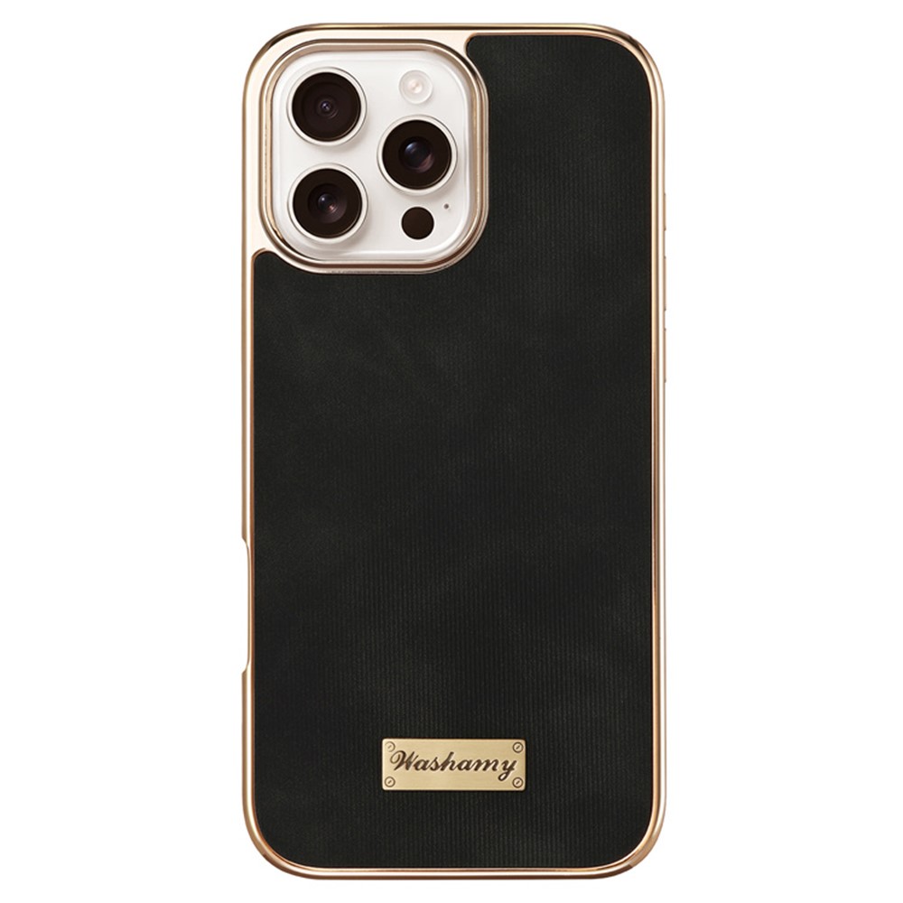 For iPhone 16 Pro Case Compatible with MagSafe Electroplating Frame PU Leather PC TPU Phone Cover - Black