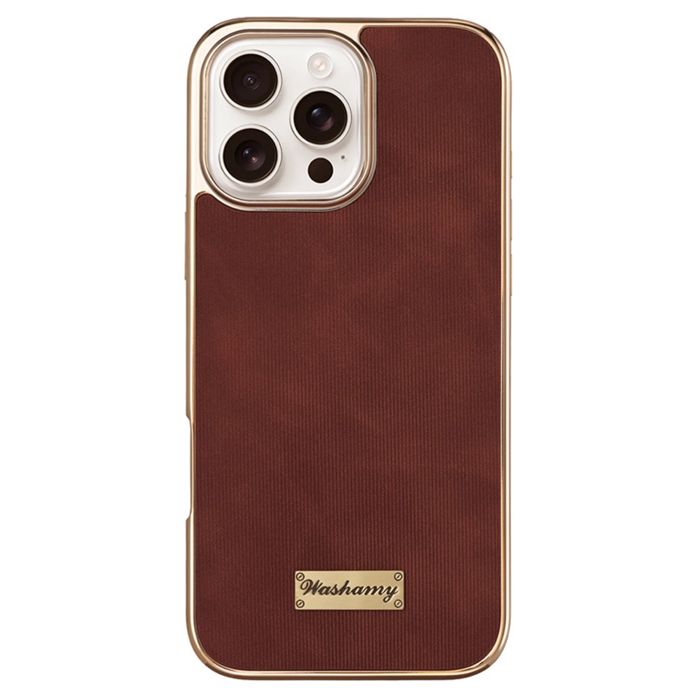 For iPhone 16 Pro Case Compatible with MagSafe Electroplating Frame PU Leather PC TPU Phone Cover - Brown