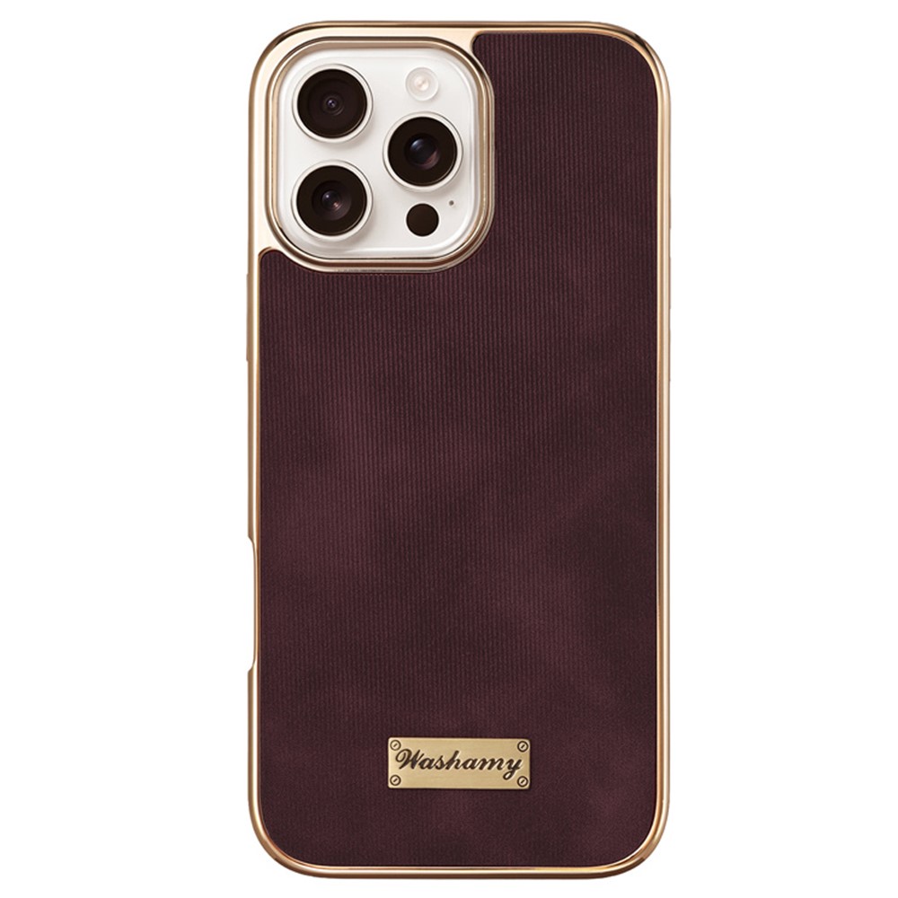 For iPhone 16 Pro Case Compatible with MagSafe Electroplating Frame PU Leather PC TPU Phone Cover - Wine Red