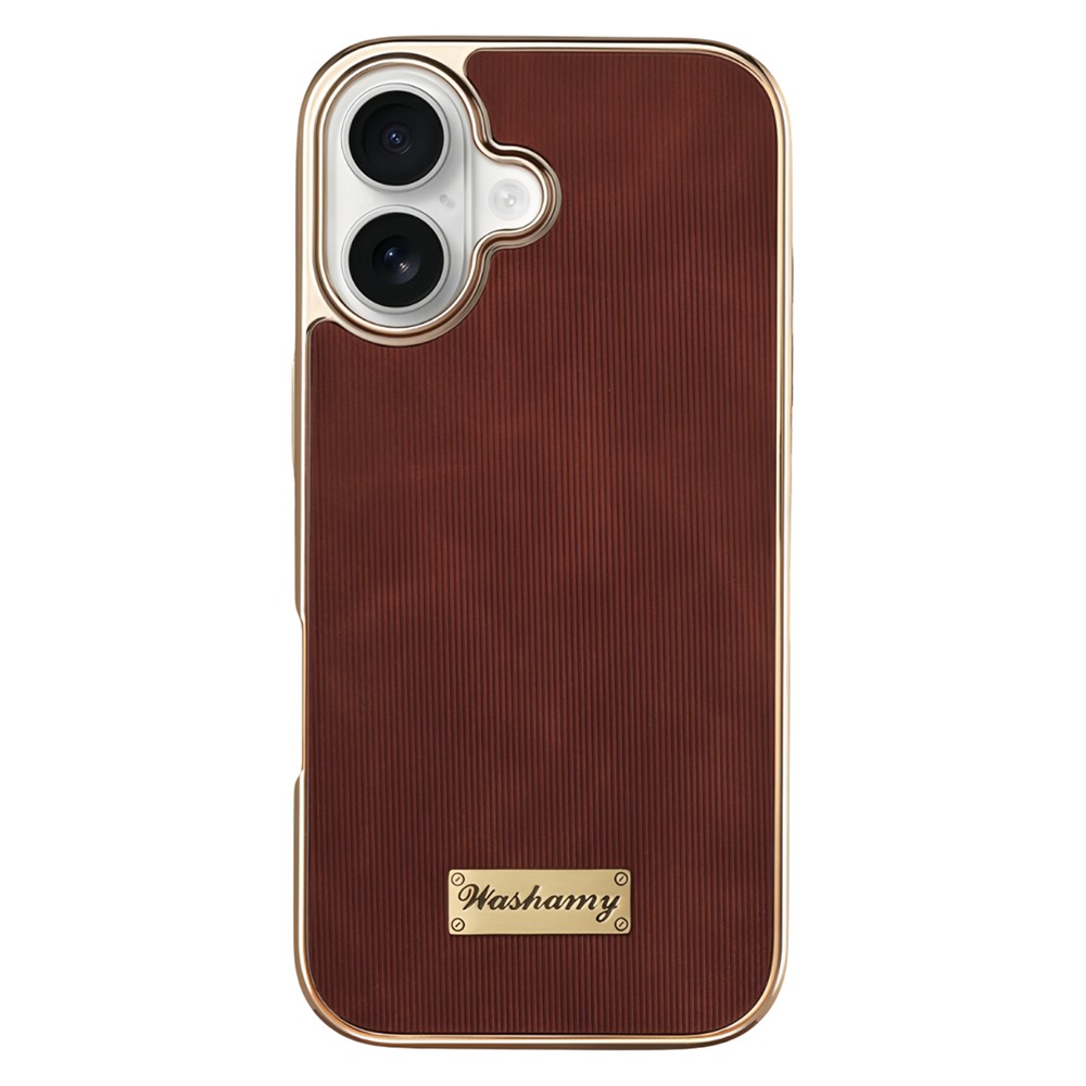 For iPhone 16 Case Compatible with MagSafe Electroplating Frame PU Leather PC TPU Phone Cover - Brown