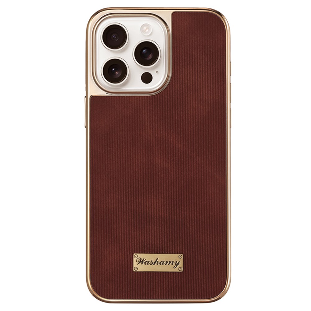 For iPhone 15 Pro Case Compatible with MagSafe Electroplating Frame PU Leather PC TPU Phone Cover - Brown