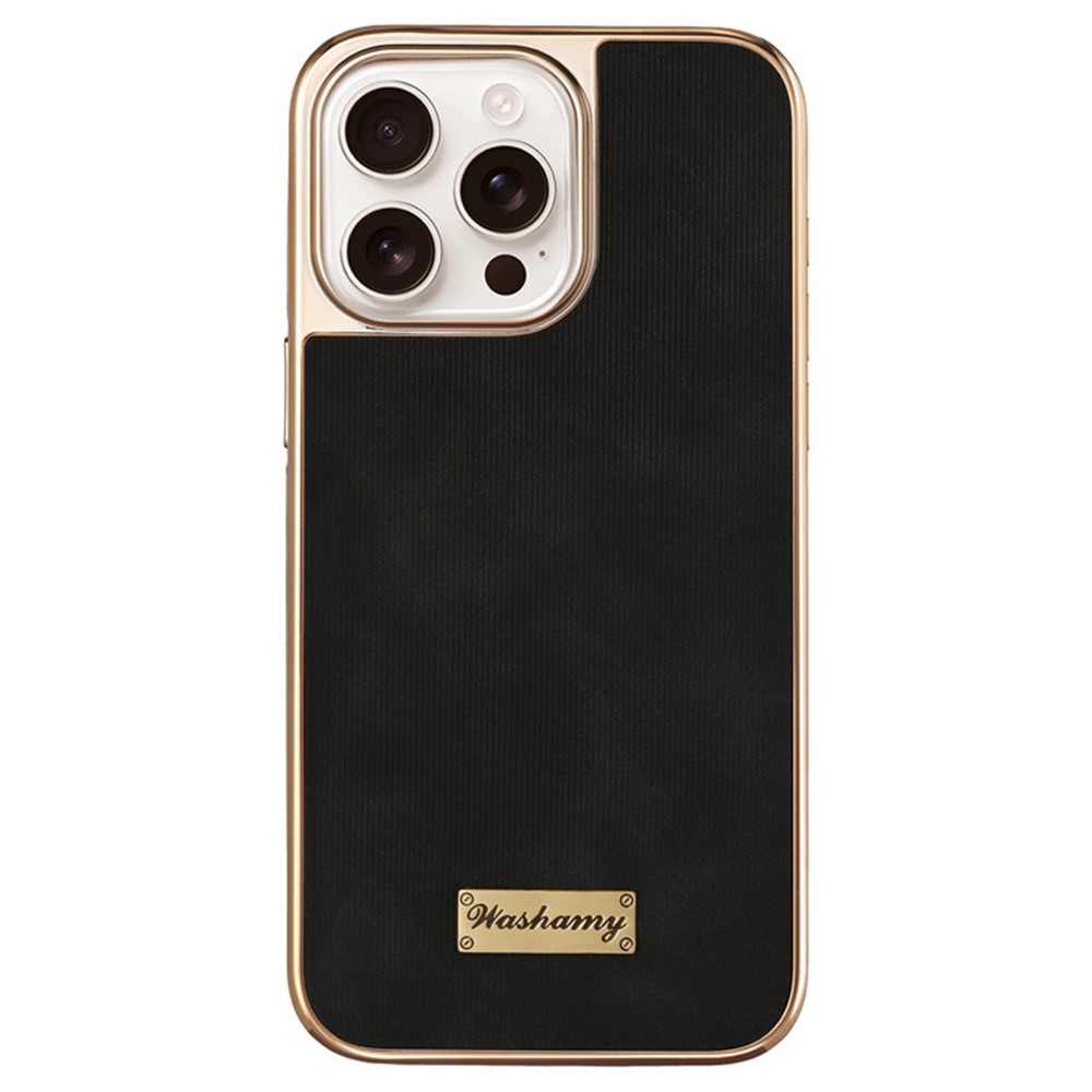 For iPhone 14 Pro Case Compatible with MagSafe Electroplating Frame PU Leather PC TPU Phone Cover - Black