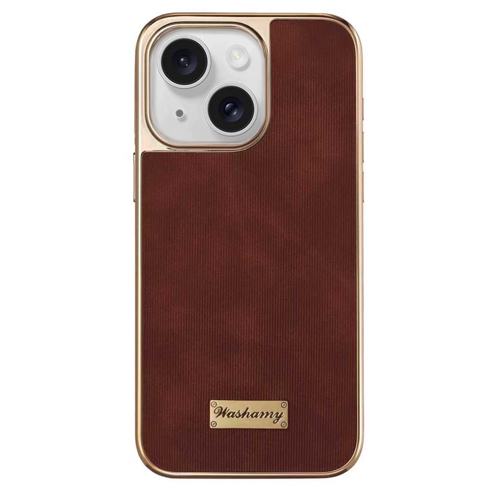 For iPhone 14 Case Compatible with MagSafe Electroplating Frame PU Leather PC TPU Phone Cover - Brown
