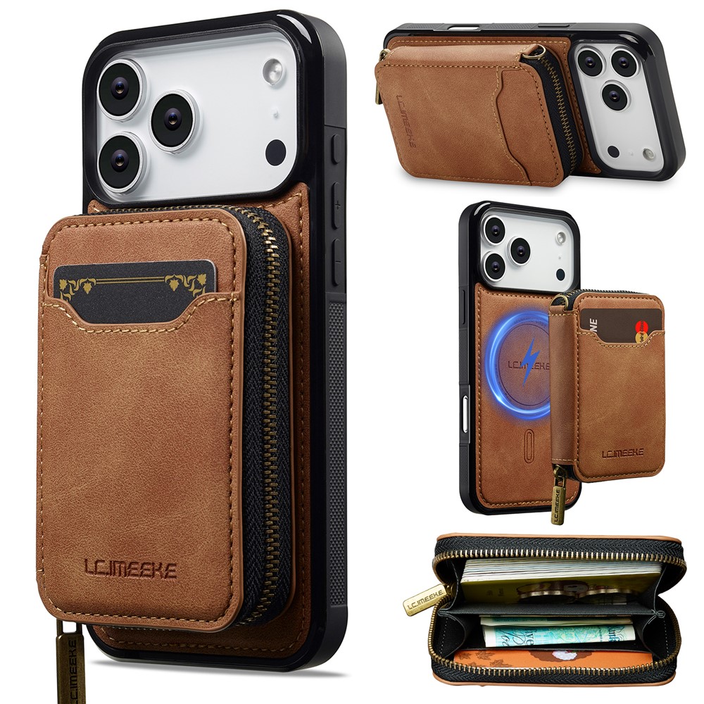 LC.IMEEKE L6 For iPhone 17 Pro Magnetic Case Detachable Zipper Wallet Leather Coated PC + TPU Phone Cover - Brown