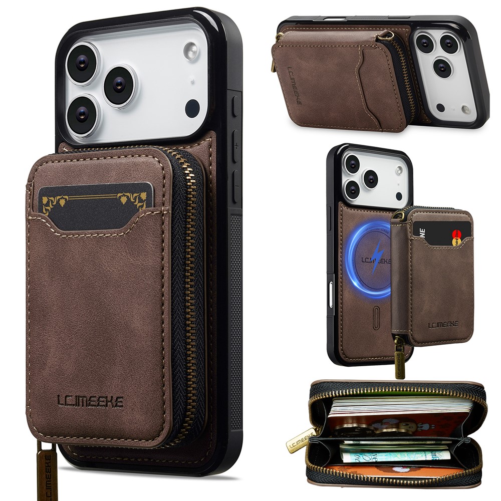 LC.IMEEKE L6 For iPhone 17 Pro Magnetic Case Detachable Zipper Wallet Leather Coated PC + TPU Phone Cover - Coffee