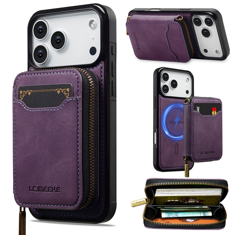 LC.IMEEKE L6 For iPhone 17 Pro Magnetic Case Detachable Zipper Wallet Leather Coated PC + TPU Phone Cover - Purple