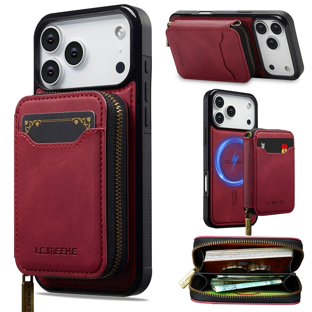 LC.IMEEKE L6 For iPhone 17 Pro Magnetic Case Detachable Zipper Wallet Leather Coated PC + TPU Phone Cover - Red