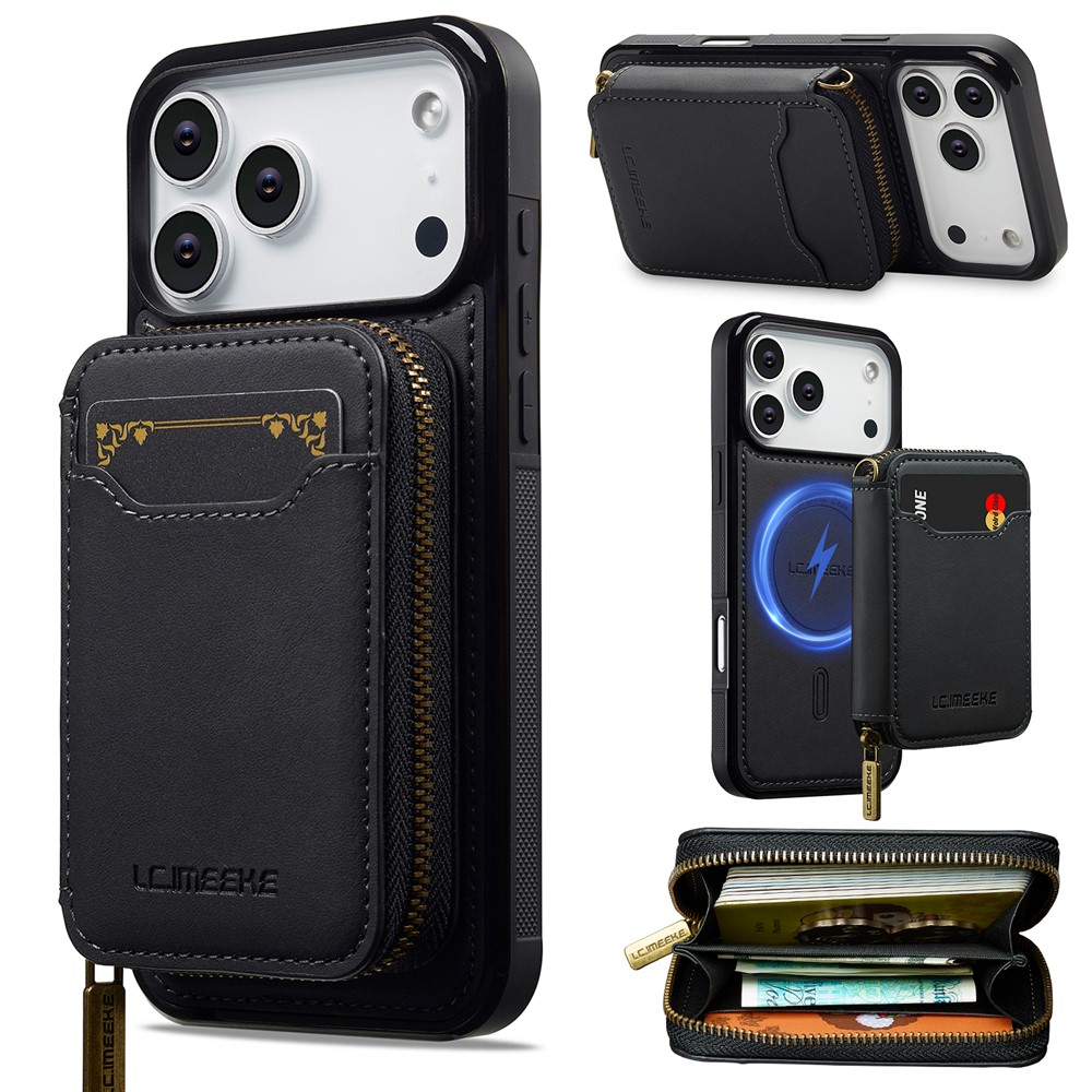 LC.IMEEKE L6 For iPhone 17 Pro Max Magnetic Case Detachable Zipper Wallet Leather Coated PC + TPU Phone Cover - Black