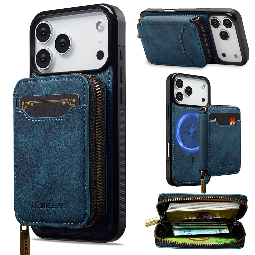 LC.IMEEKE L6 For iPhone 17 Pro Max Magnetic Case Detachable Zipper Wallet Leather Coated PC + TPU Phone Cover - Blue