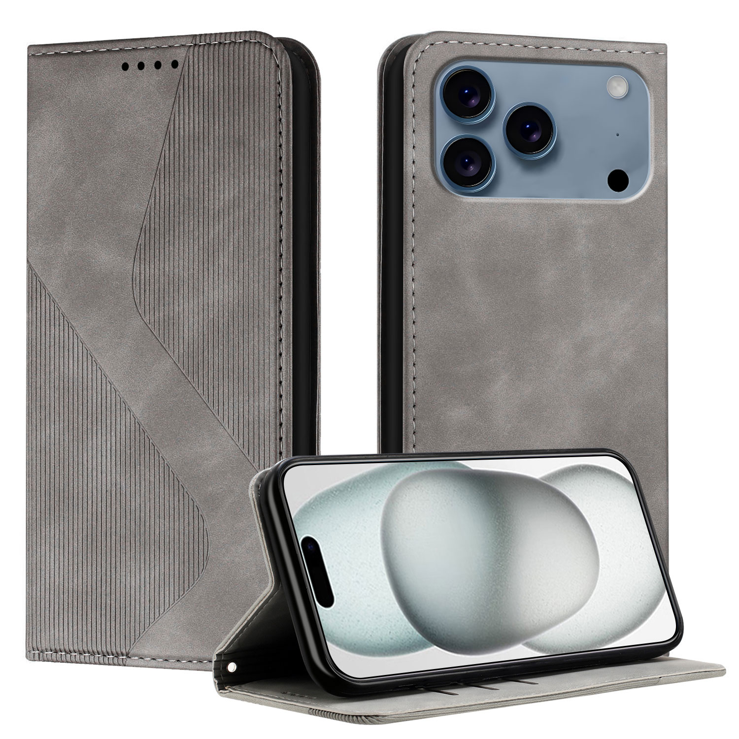 For iPhone 17 Pro Phone Cover Skin-touch Feel Leather Wallet Case with Stand - Grey